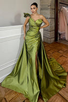 Load image into Gallery viewer, Green Satin Mermaid One Shoulder Long Prom Dress with Slit
