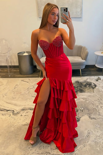 Sparkly Red Sweetheart Mermaid Beaded Tiered Long Corset Prom Dress