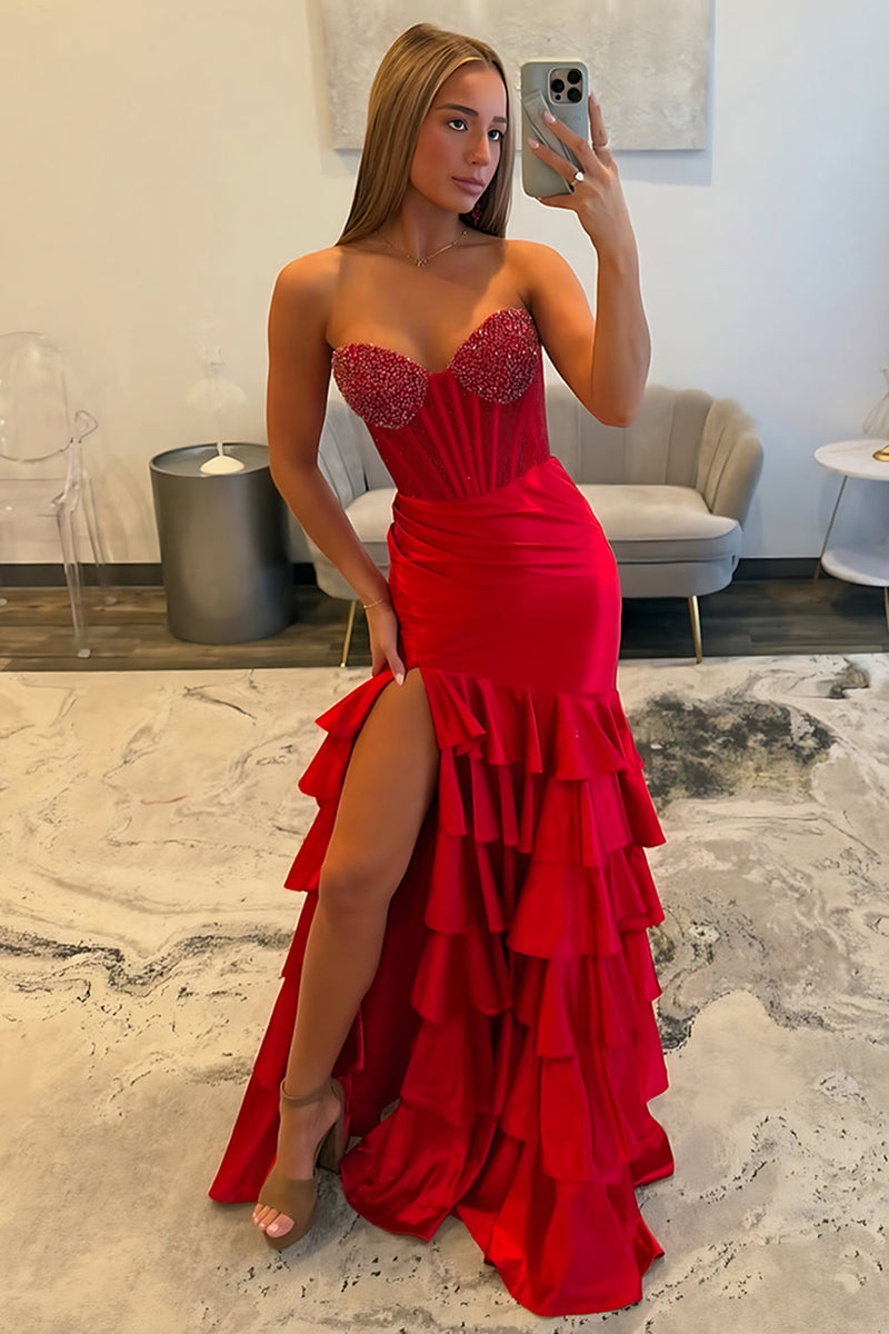 Load image into Gallery viewer, Sparkly Red Sweetheart Mermaid Beaded Tiered Long Corset Prom Dress
