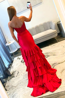 Sparkly Red Sweetheart Mermaid Beaded Tiered Long Corset Prom Dress