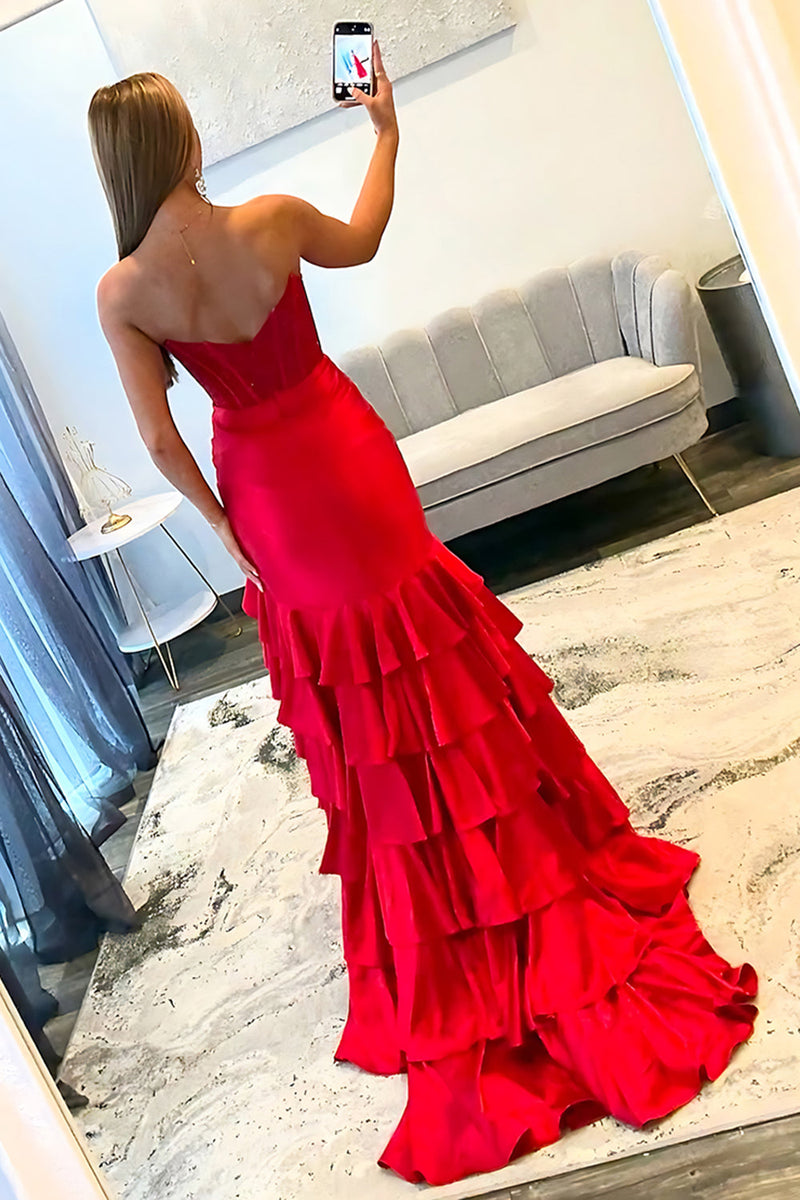 Load image into Gallery viewer, Sparkly Red Sweetheart Mermaid Beaded Tiered Long Corset Prom Dress