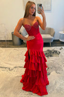 Load image into Gallery viewer, Sparkly Red Sweetheart Mermaid Beaded Tiered Long Corset Prom Dress