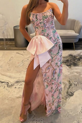 Sparkly Floral Pink Strapless Sheath Long Prom Dress with Bow