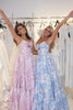 Load image into Gallery viewer, Floral Blue A-Line Spaghetti Straps Long Corset Prom Dress with Ruffles