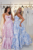 Load image into Gallery viewer, Floral Blue A-Line Spaghetti Straps Long Corset Prom Dress with Ruffles