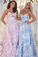 Load image into Gallery viewer, Floral Blue A-Line Spaghetti Straps Long Corset Prom Dress with Ruffles