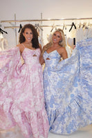 Load image into Gallery viewer, Floral Blue A-Line Spaghetti Straps Long Corset Prom Dress with Ruffles