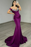Load image into Gallery viewer, Sparkly Dark Purple Mermaid Off the Shoulder Long Prom Dress with Rhinestone