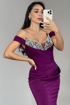 Sparkly Dark Purple Mermaid Off the Shoulder Long Prom Dress with Rhinestone