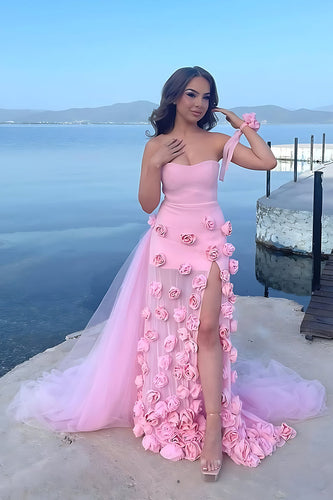Pink Sheath Tulle Strapless 3D Flower Long Prom Dress with Slit