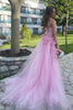 Load image into Gallery viewer, Pink Sheath Tulle Strapless 3D Flower Long Prom Dress with Slit