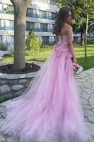 Load image into Gallery viewer, Pink Sheath Tulle Strapless 3D Flower Long Prom Dress with Slit