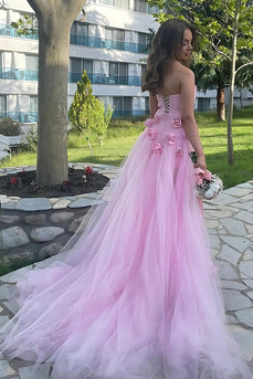 Pink Sheath Tulle Strapless 3D Flower Long Prom Dress with Slit