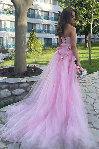 Pink Sheath Tulle Strapless 3D Flower Long Prom Dress with Slit