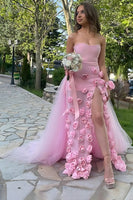 Load image into Gallery viewer, Pink Sheath Tulle Strapless 3D Flower Long Prom Dress with Slit