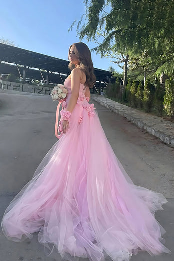 Pink Sheath Tulle Strapless 3D Flower Long Prom Dress with Slit