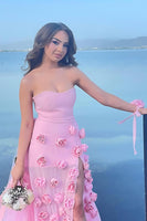 Load image into Gallery viewer, Pink Sheath Tulle Strapless 3D Flower Long Prom Dress with Slit