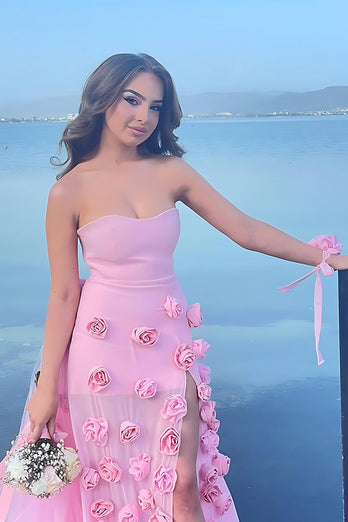 Pink Sheath Tulle Strapless 3D Flower Long Prom Dress with Slit