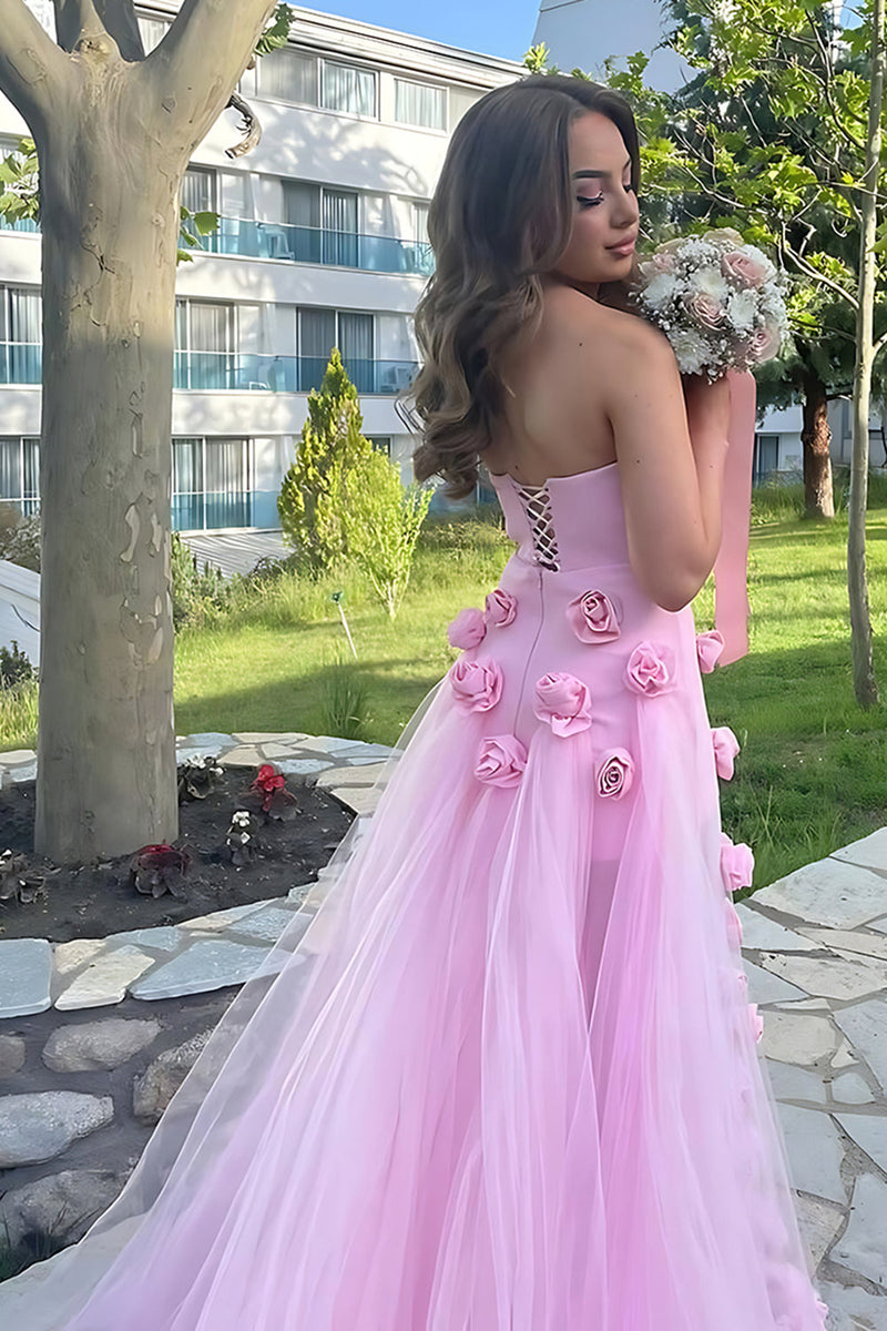 Load image into Gallery viewer, Pink Sheath Tulle Strapless 3D Flower Long Prom Dress with Slit