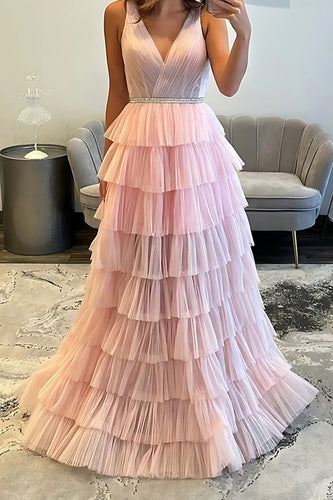 Blush Tulle A Line V-Neck Tiered Long Prom Dress with Beading