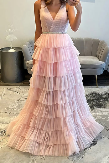Blush Tulle A Line V-Neck Tiered Long Prom Dress with Beading