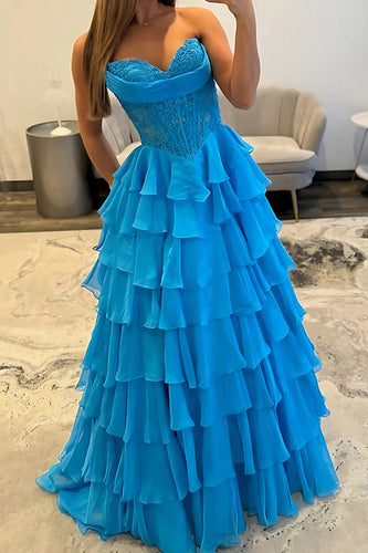 Blue A Line Tiered Sweetheart Long Corset Prom Dress with Ruffles