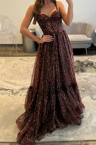 Coffee Leopard Spaghetti Straps A Line Long Corset Prom Dress