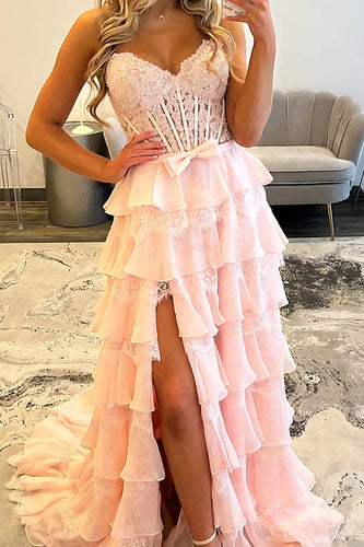 Blush A Line Tiered Lace Sweetheart Long Corset Prom Dress with Slit