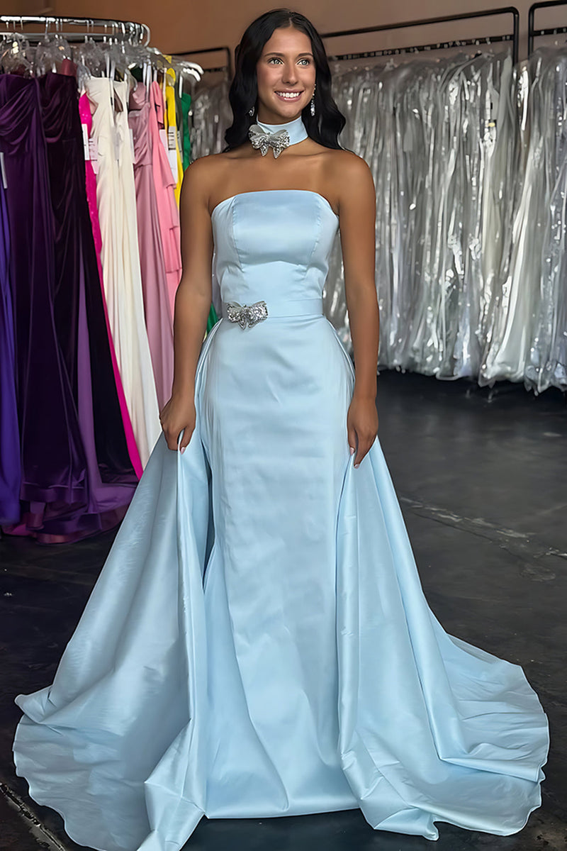 Load image into Gallery viewer, Light Blue Satin Mermaid Strapless Long Prom Dress with Cape