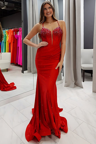 Sparkly Red Satin Mermaid Beaded Spaghetti Straps Long Corset Prom Dress