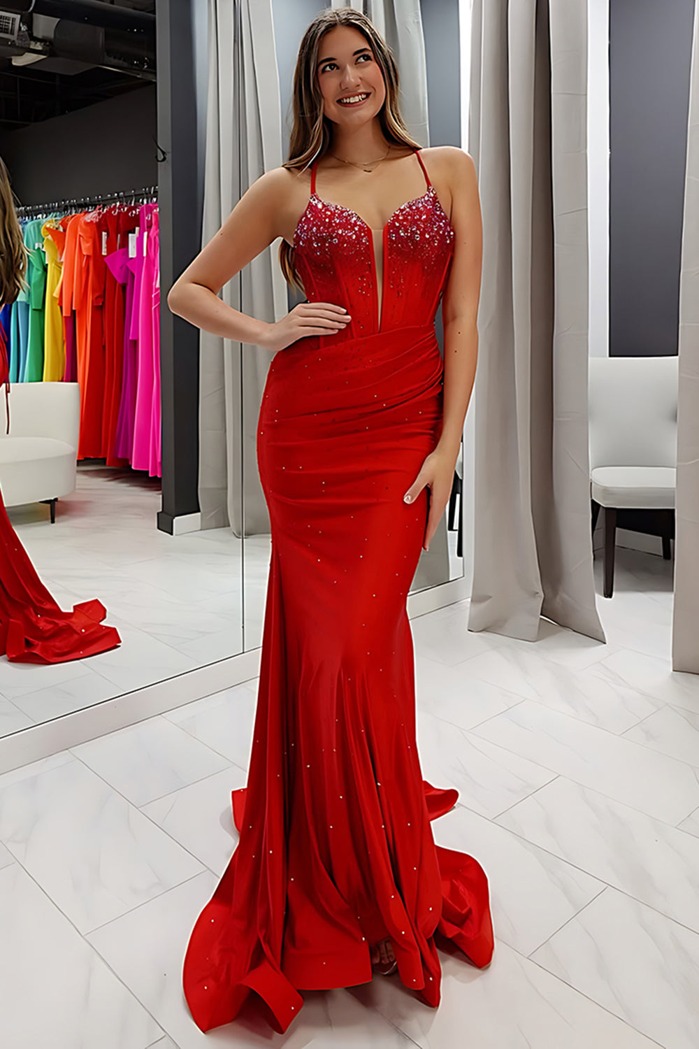 Sparkly Red Satin Mermaid Beaded Spaghetti Straps Long Corset Prom Dress