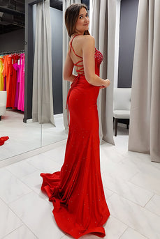 Sparkly Red Satin Mermaid Beaded Spaghetti Straps Long Corset Prom Dress