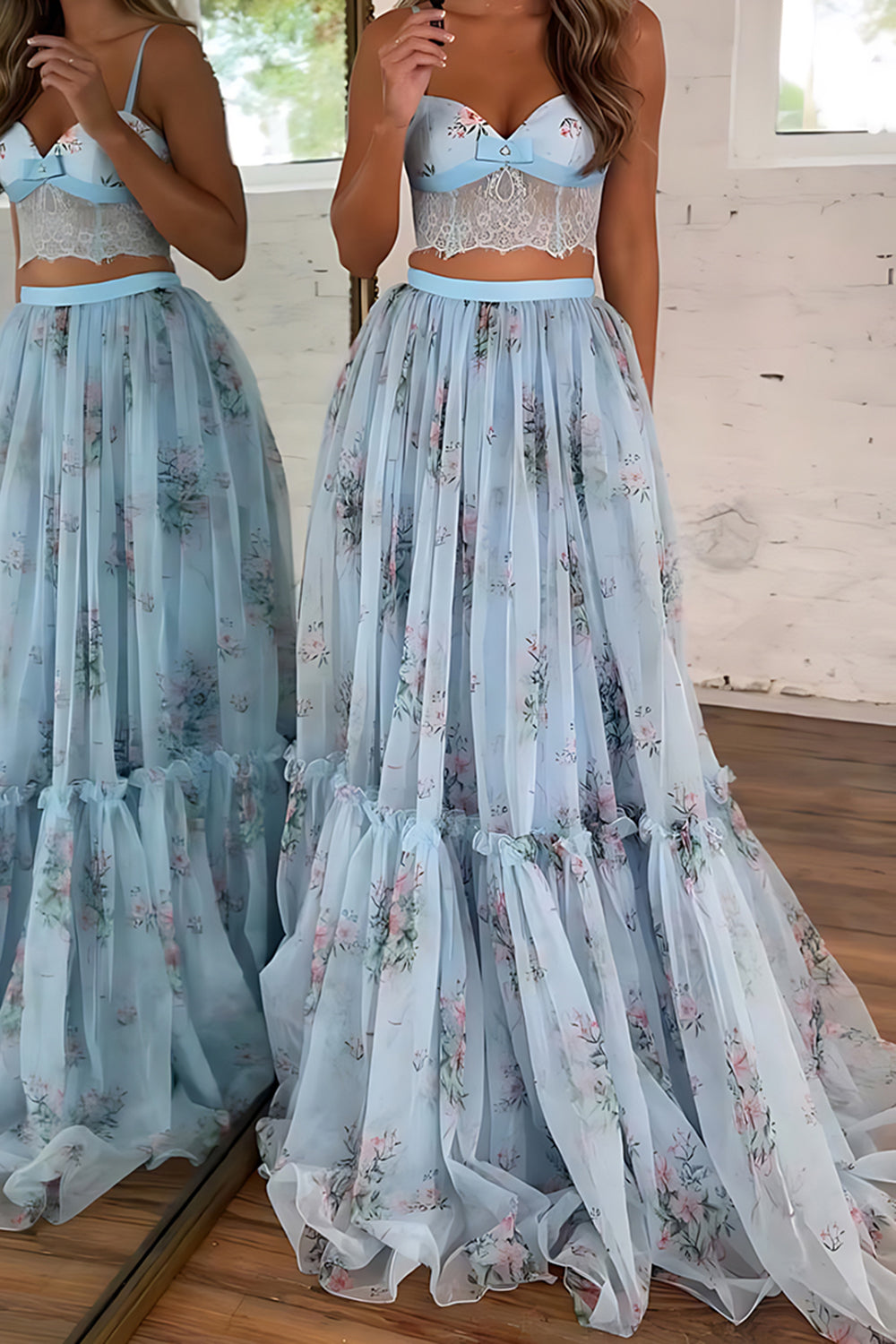 Blue 2 Piece Tulle A Line Pleated Long Prom Dress with Lace