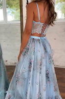 Load image into Gallery viewer, Blue 2 Piece Tulle A Line Pleated Long Prom Dress with Lace