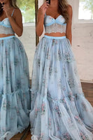 Load image into Gallery viewer, Blue 2 Piece Tulle A Line Pleated Long Prom Dress with Lace