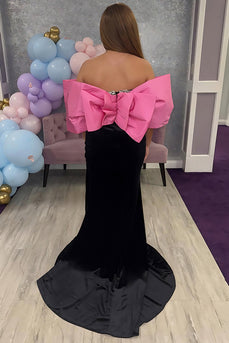 Sparkly Black Velvet Sheath Strapless Long Prom Dress with Bow