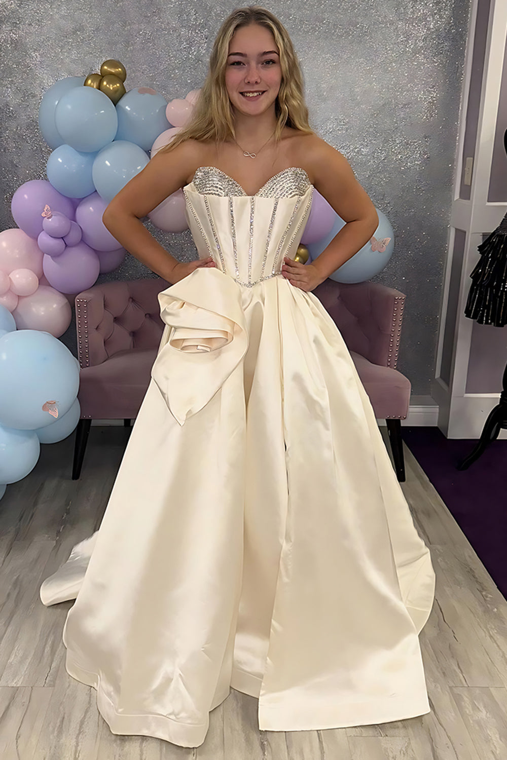 Sparkly Floral Apricot Satin A Line Long Corset Prom Dress with Beading