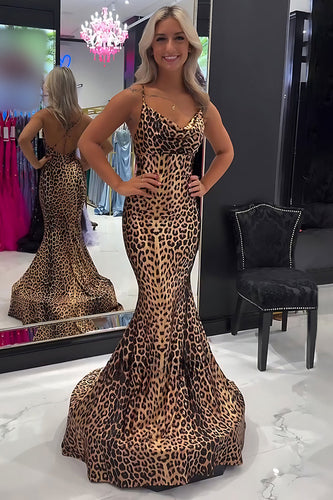 Brown Leopard Mermaid Spaghetti Straps Long Prom Dress