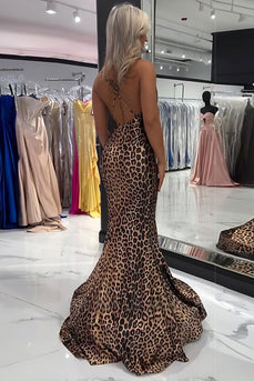 Brown Leopard Mermaid Spaghetti Straps Long Prom Dress