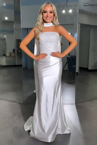 Sparkly White Sheath Satin Strapless Long Prom Dress with Beading