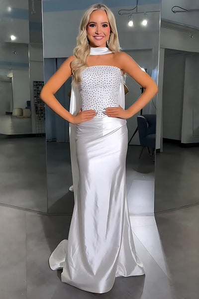 Sparkly White Sheath Satin Strapless Long Prom Dress with Beading