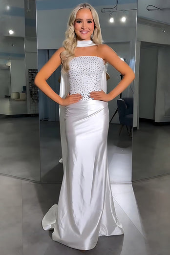 Sparkly White Sheath Satin Strapless Long Prom Dress with Beading
