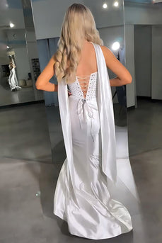Sparkly White Sheath Satin Strapless Long Prom Dress with Beading
