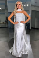 Load image into Gallery viewer, Sparkly White Sheath Satin Strapless Long Prom Dress with Beading