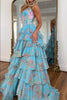 Load image into Gallery viewer, Sparkly Floral Blue A Line Tiered Long Corset Prom Dress with Slit