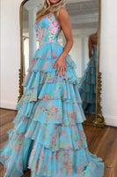 Load image into Gallery viewer, Sparkly Floral Blue A Line Tiered Long Corset Prom Dress with Slit