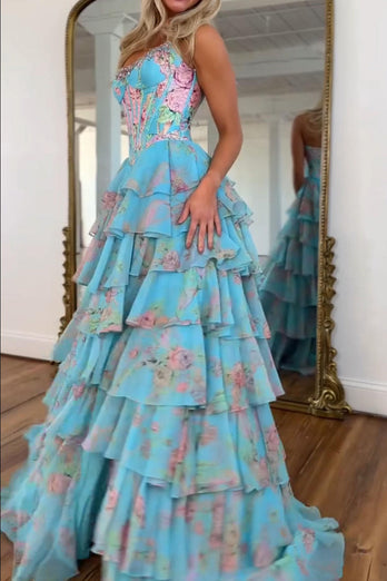Sparkly Floral Blue A Line Tiered Long Corset Prom Dress with Slit