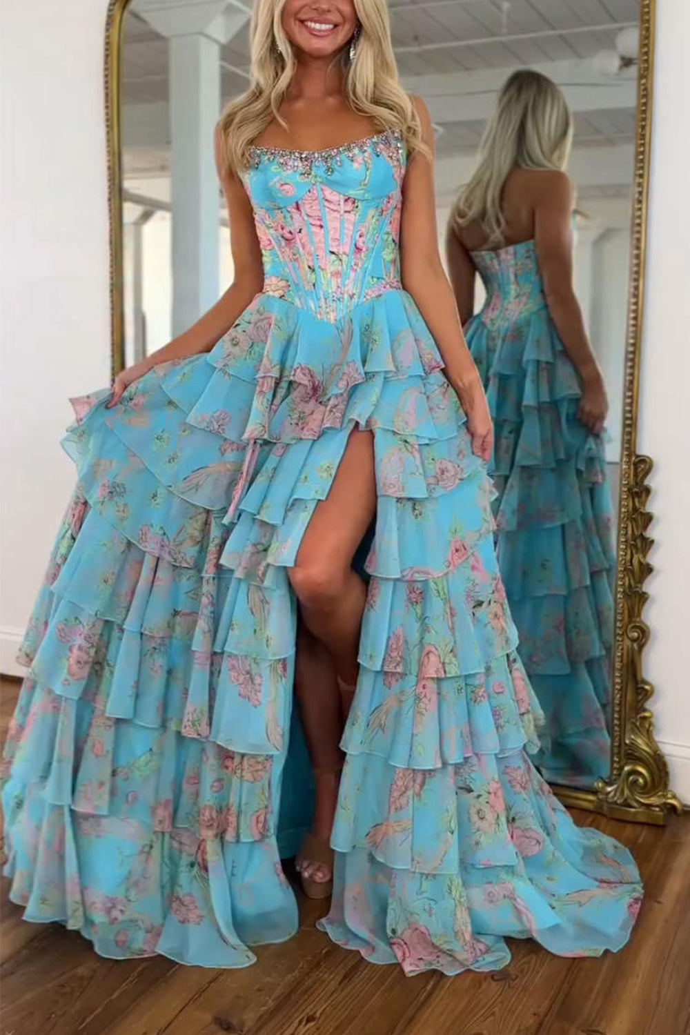 Sparkly Floral Blue A Line Tiered Long Corset Prom Dress with Slit
