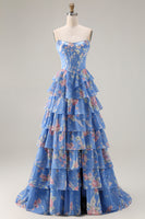 Load image into Gallery viewer, Sparkly Floral Blue A Line Tiered Long Corset Prom Dress with Slit