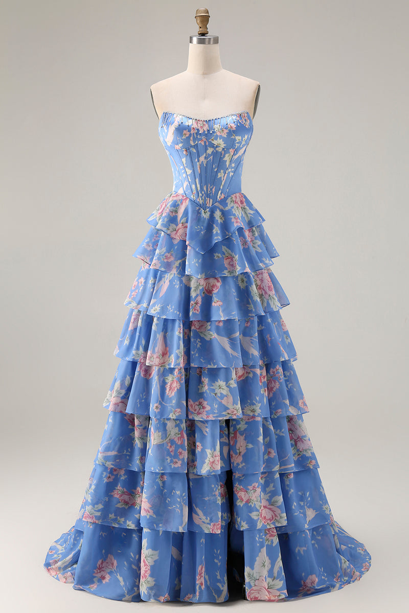 Load image into Gallery viewer, Sparkly Floral Blue A Line Tiered Long Corset Prom Dress with Slit